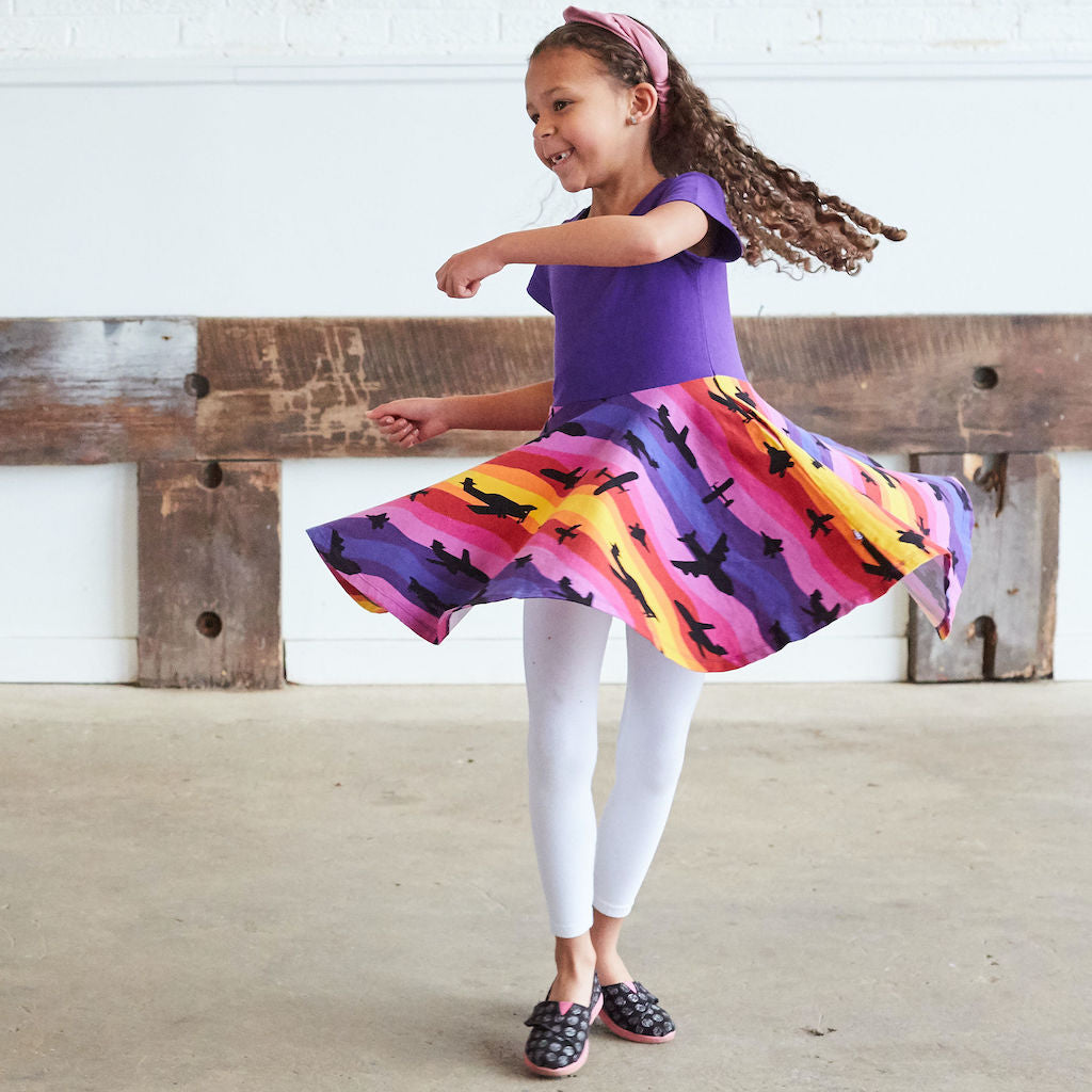 “Twilight Takeoff” Sunset Airplanes Short Sleeve Super Twirler Dress