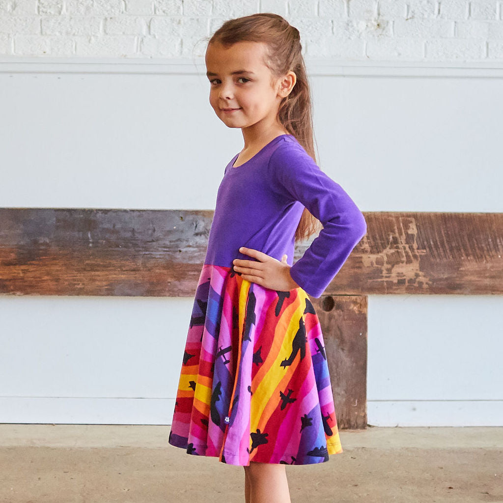 "Twilight Takeoff" Sunset Airplanes Long Sleeve Twirly Play Dress with Pockets