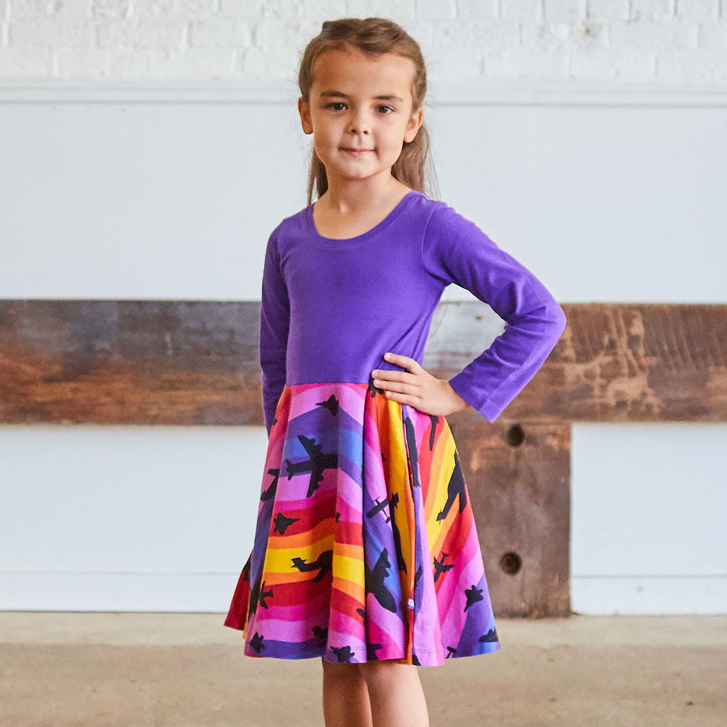 "Twilight Takeoff" Sunset Airplanes Long Sleeve Twirly Play Dress with Pockets