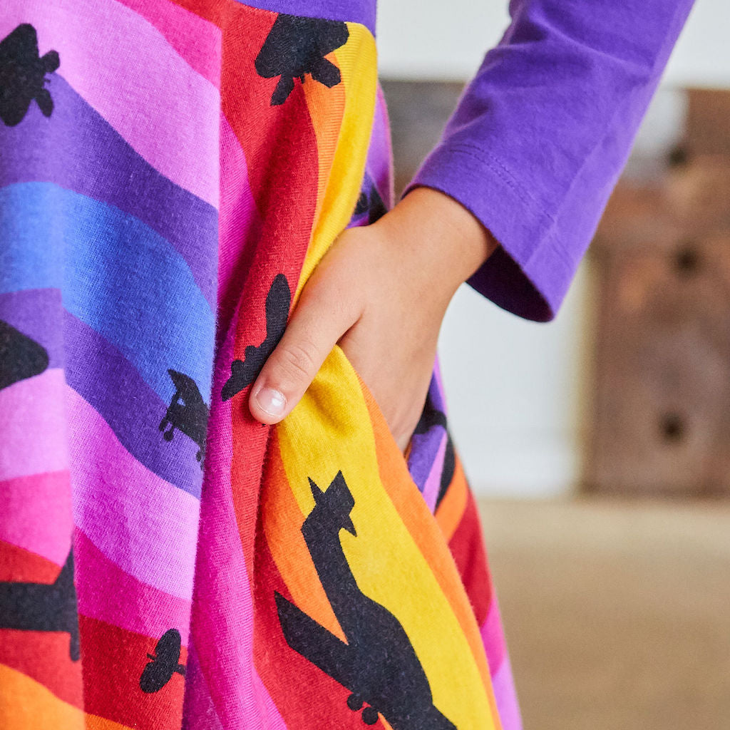 "Twilight Takeoff" Sunset Airplanes Long Sleeve Twirly Play Dress with Pockets