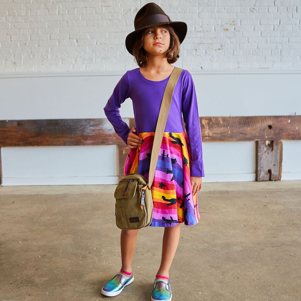"Twilight Takeoff" Sunset Airplanes Long Sleeve Twirly Play Dress with Pockets