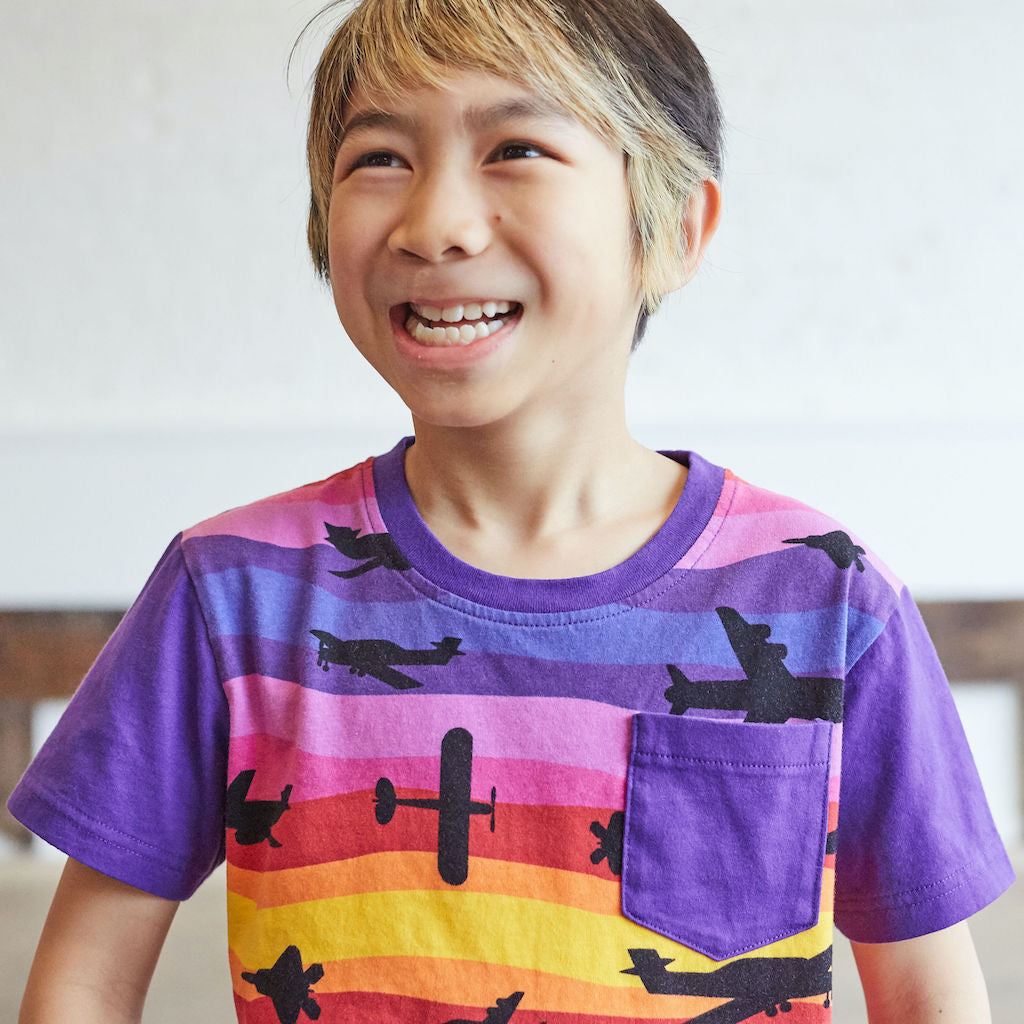 “Twilight Takeoff” Sunset Airplanes Short Sleeve Pocket Tee
