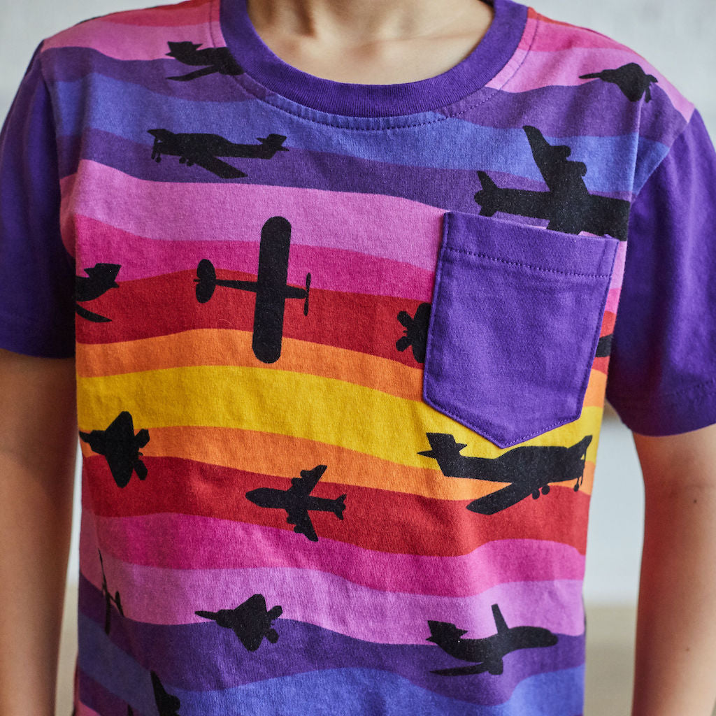 “Twilight Takeoff” Sunset Airplanes Short Sleeve Pocket Tee