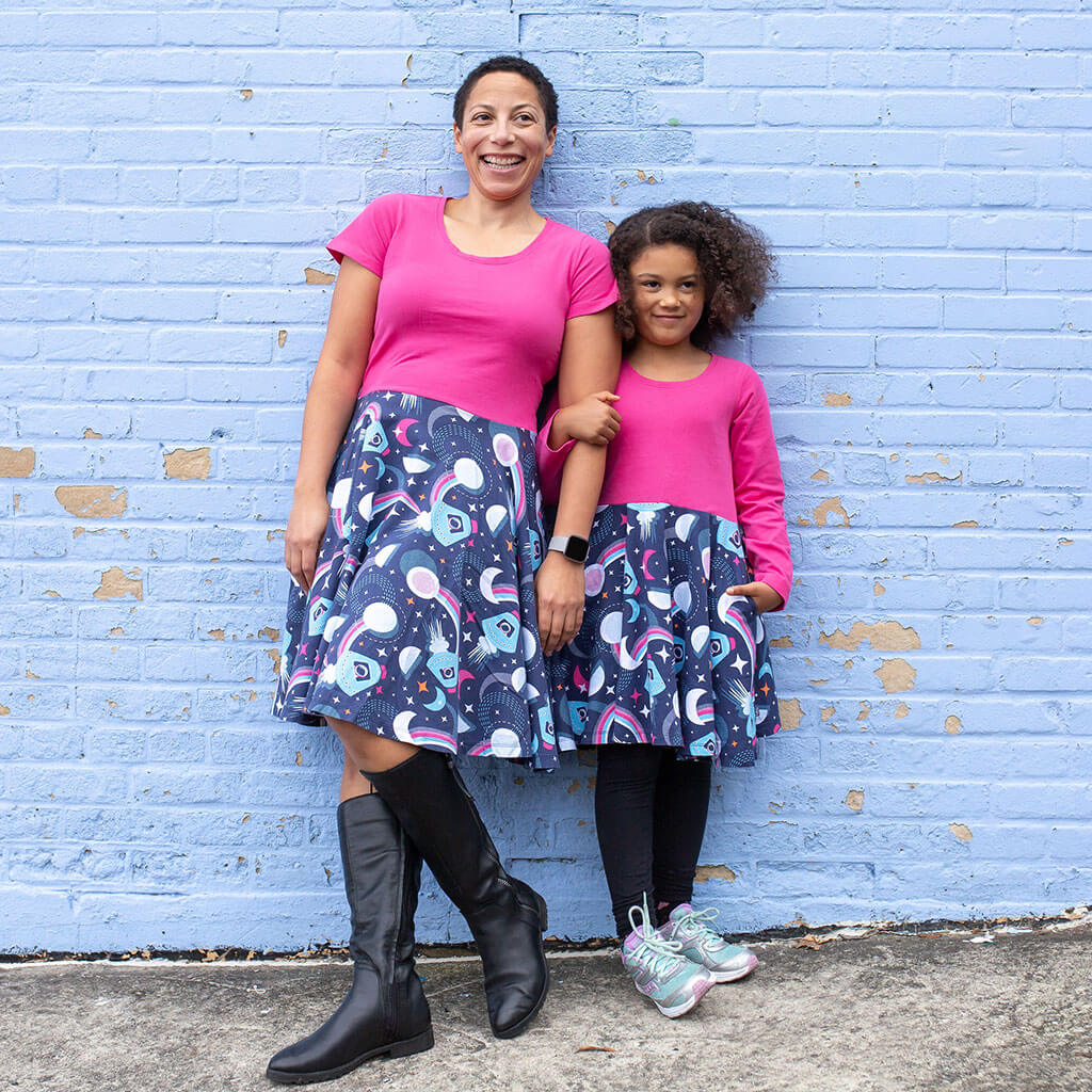 "Star Search" Astronauts Short Sleeve Super Twirler Dress with Pockets - Adult