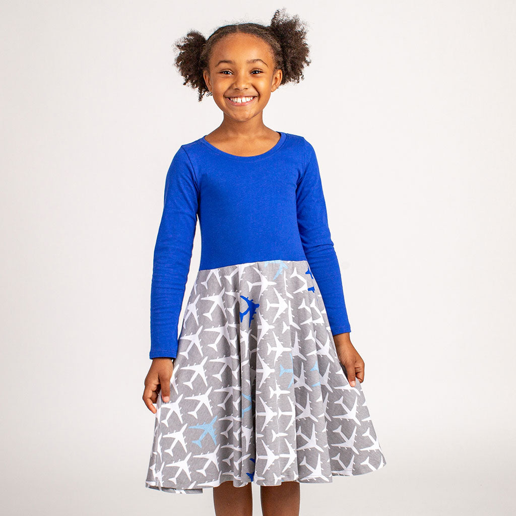 “True Blue” Airplanes Twirly Play Dress with Pockets and Long Sleeves