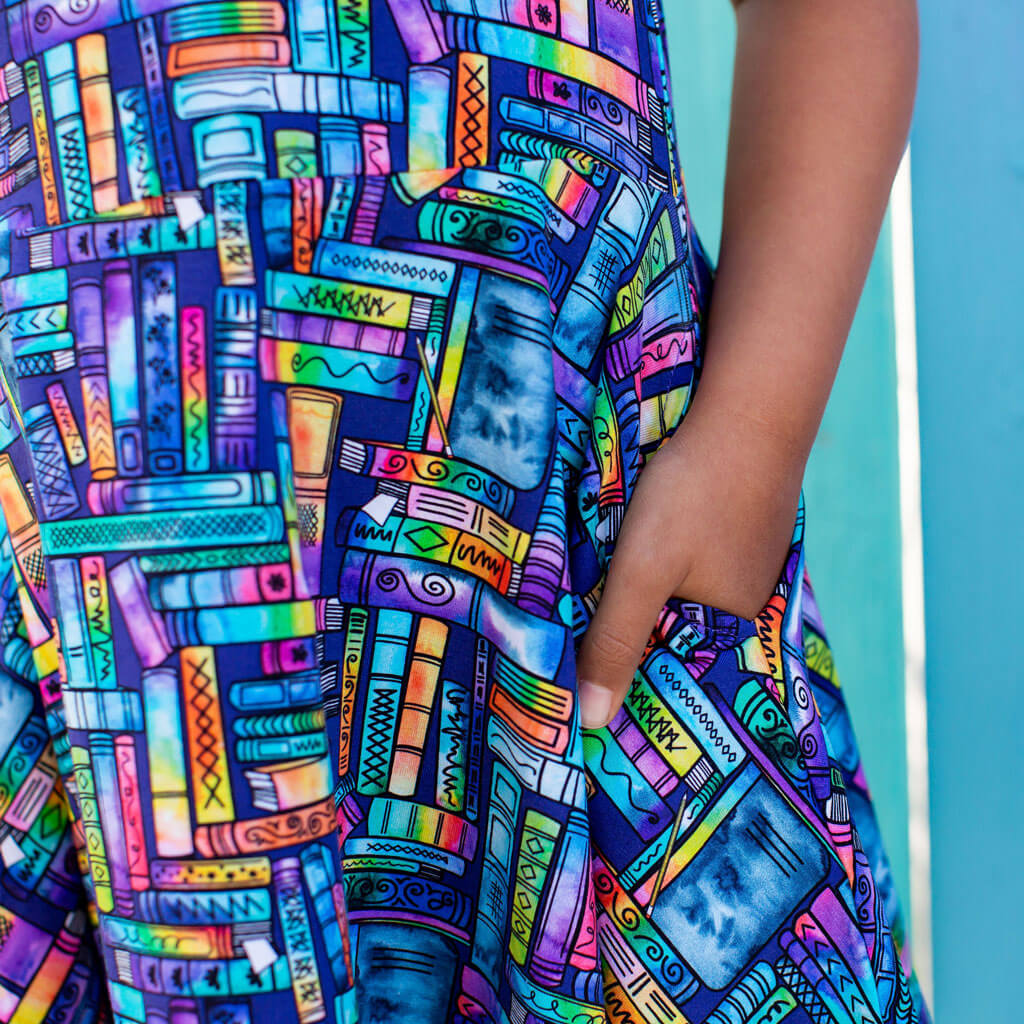 "Lost in the Stacks" Books Sleeveless Play Dress with Pockets