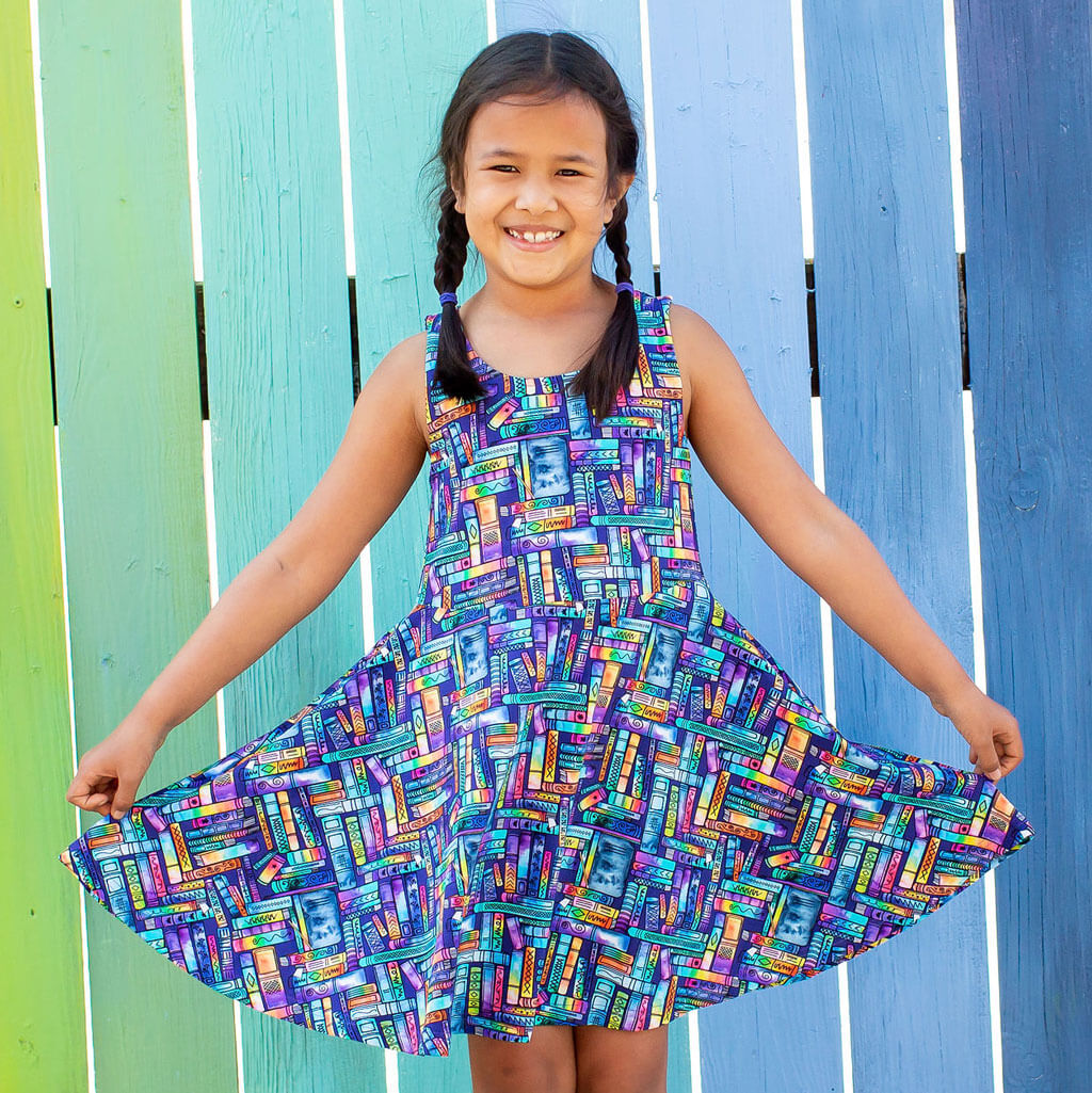 "Lost in the Stacks" Books Sleeveless Play Dress with Pockets