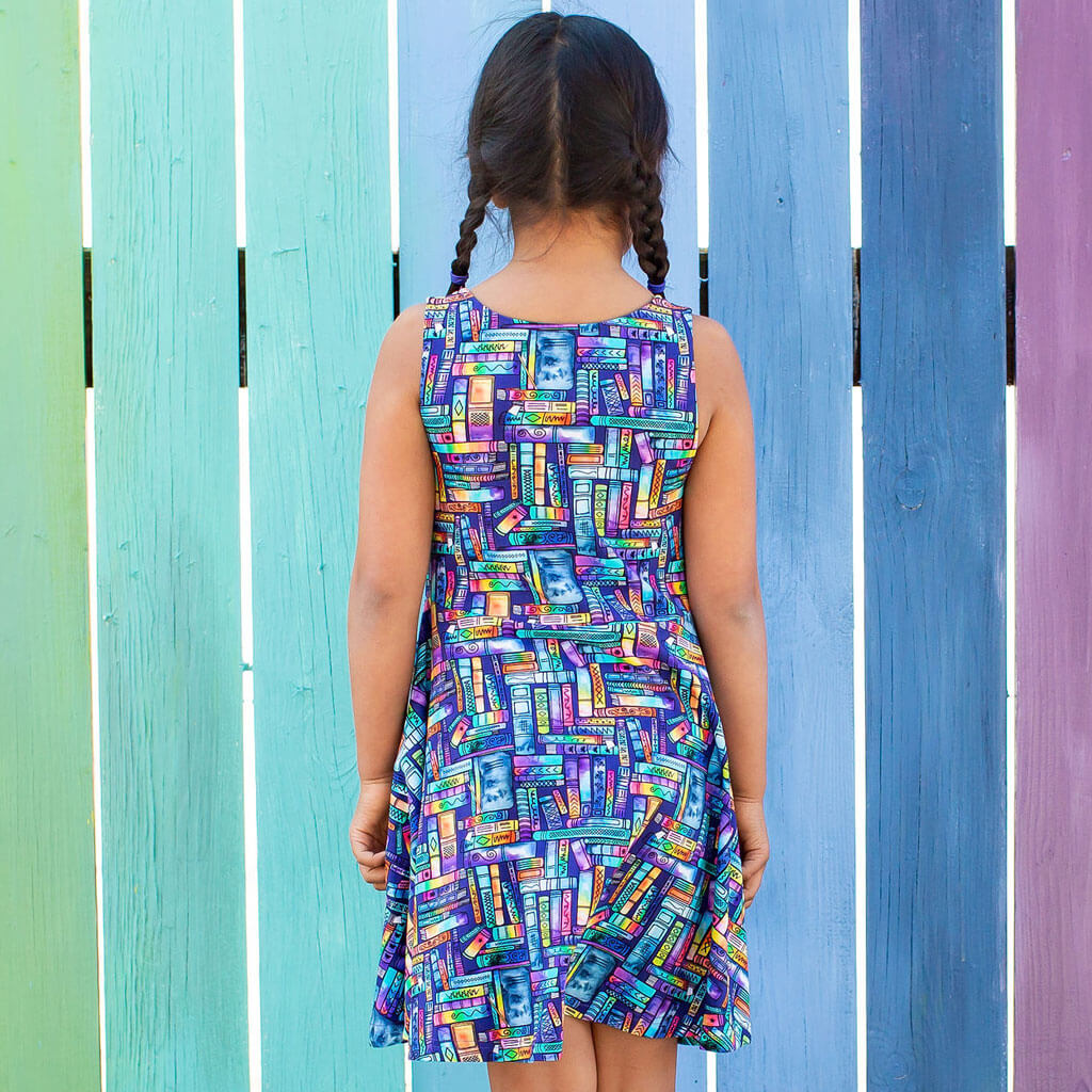 "Lost in the Stacks" Books Sleeveless Play Dress with Pockets