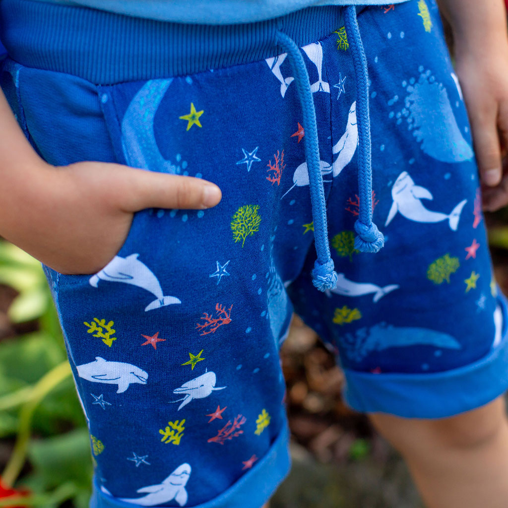 "Deep Sea Dreaming" Dolphins Drawstring Cuffed Shorts with Pockets