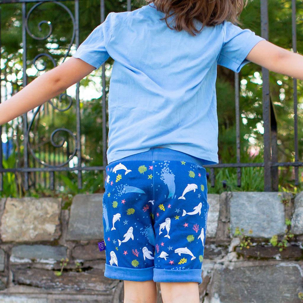 "Deep Sea Dreaming" Dolphins Drawstring Cuffed Shorts with Pockets