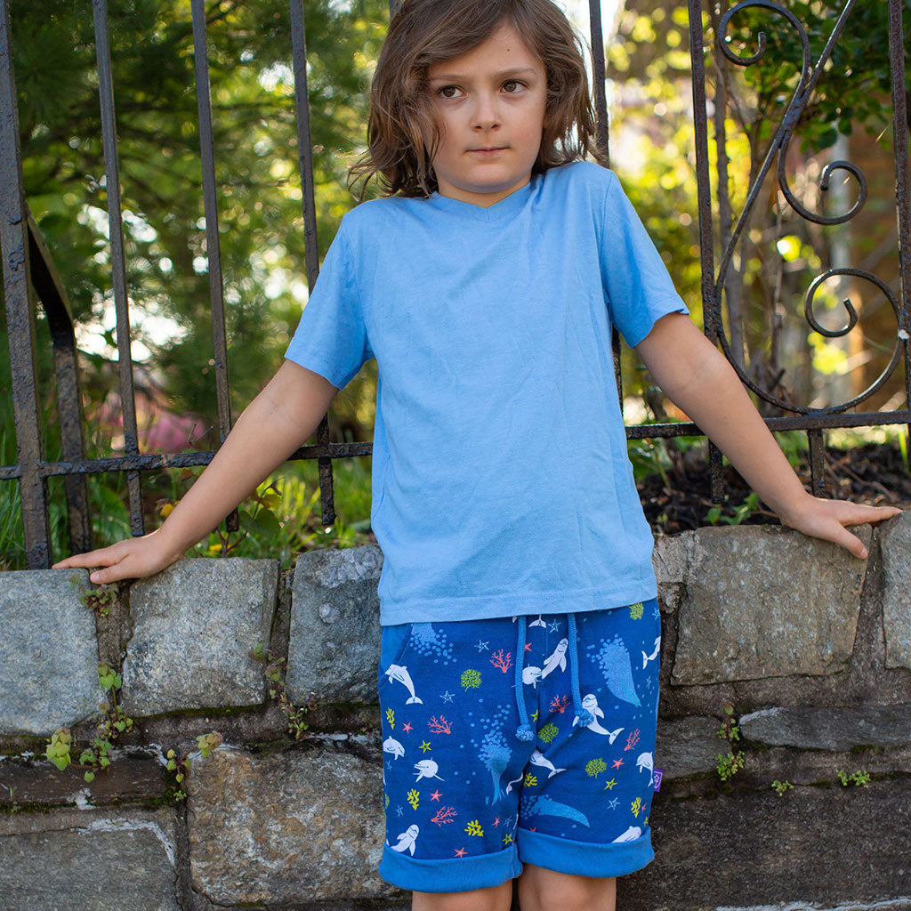 "Deep Sea Dreaming" Dolphins Drawstring Cuffed Shorts with Pockets
