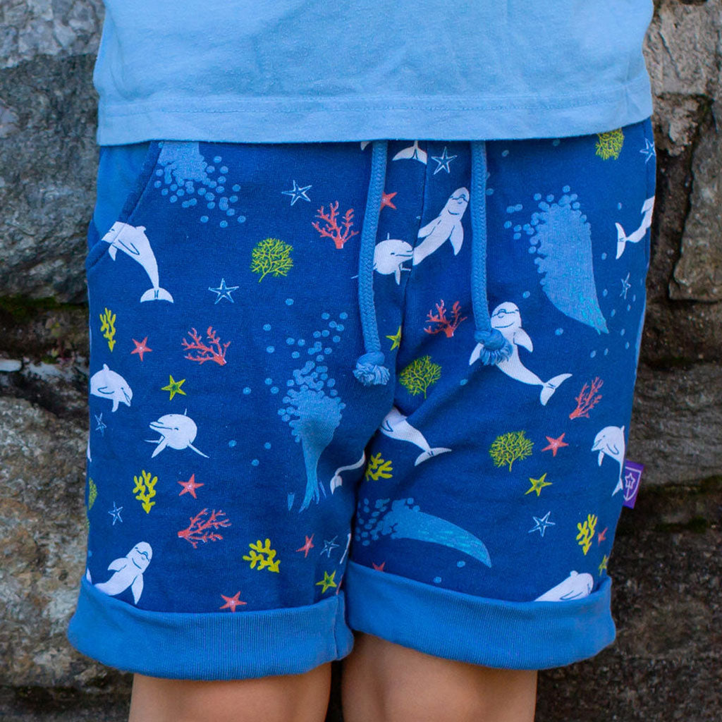 "Deep Sea Dreaming" Dolphins Drawstring Cuffed Shorts with Pockets