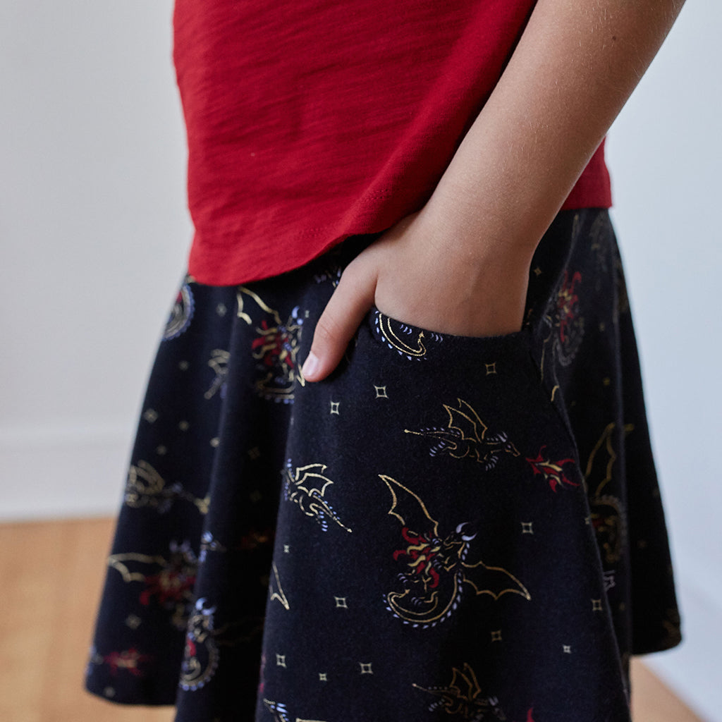 “Fire Flight” Dragons Stretchy Knee-Length Twirly Skirt