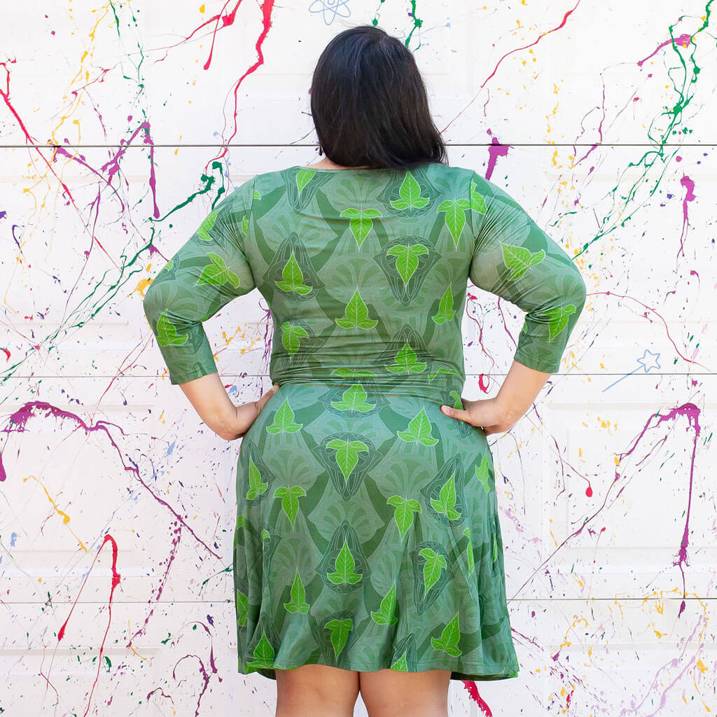 "Precious Ivy" Elven Leaves V-Neck A-Line Adult Dress with Sleeves and with Pockets