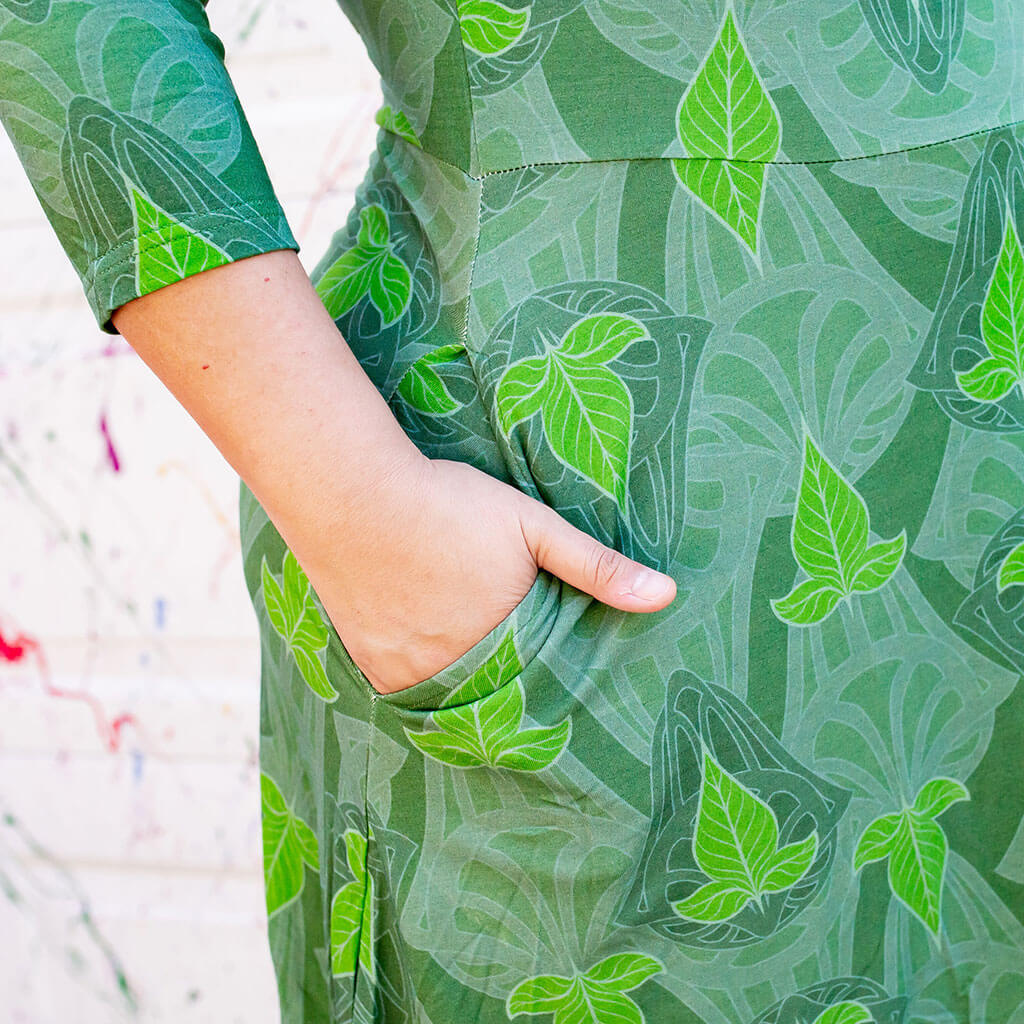 "Precious Ivy" Elven Leaves V-Neck A-Line Adult Dress with Sleeves and with Pockets