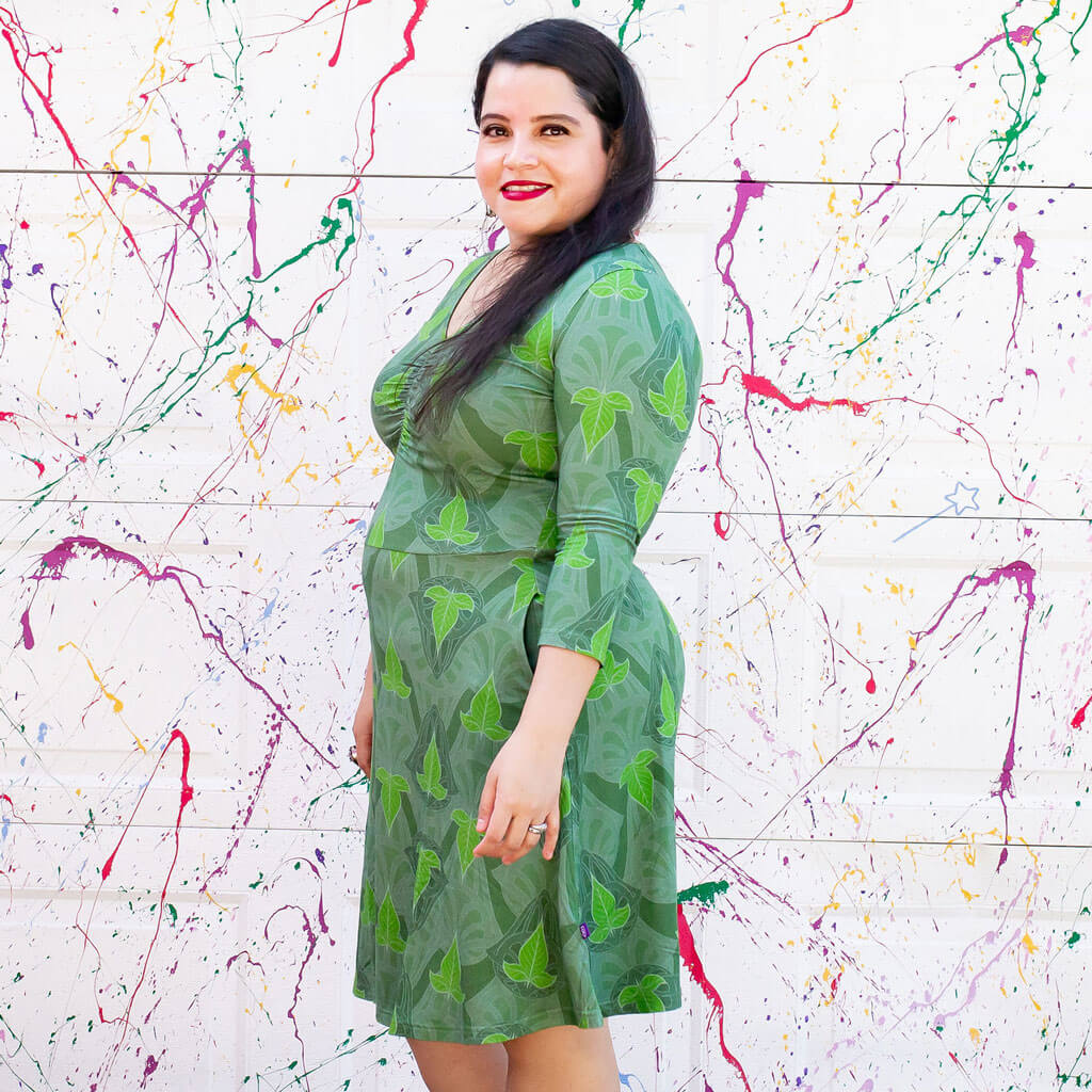 "Precious Ivy" Elven Leaves V-Neck A-Line Adult Dress with Sleeves and with Pockets