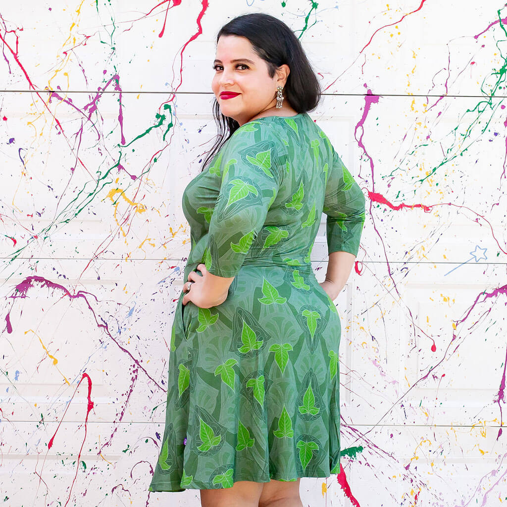 "Precious Ivy" Elven Leaves V-Neck A-Line Adult Dress with Sleeves and with Pockets