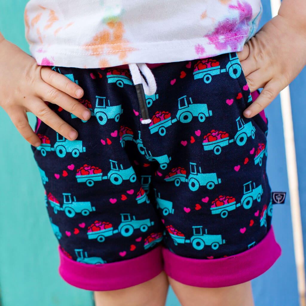 &quot;Harvest of Love&quot; Heart Tractors Drawstring Cuffed Shorts with Pockets