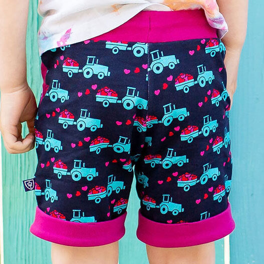 "Harvest of Love" Heart Tractors Drawstring Cuffed Shorts with Pockets