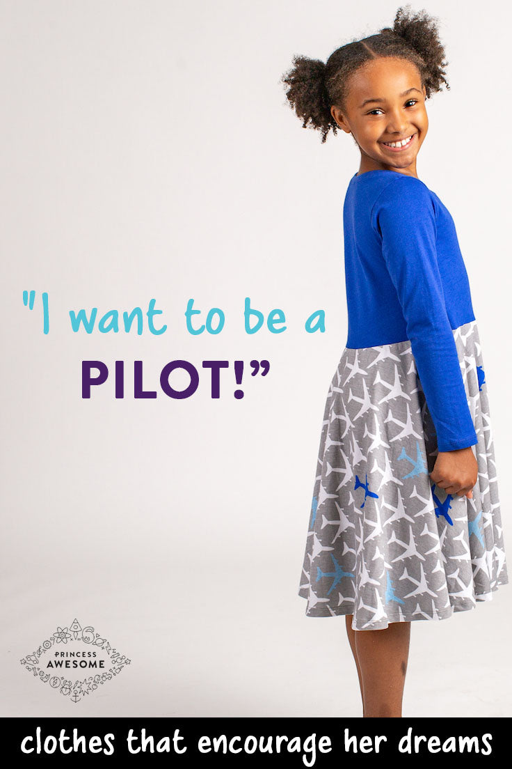 “True Blue” Airplanes Twirly Play Dress with Pockets and Long Sleeves