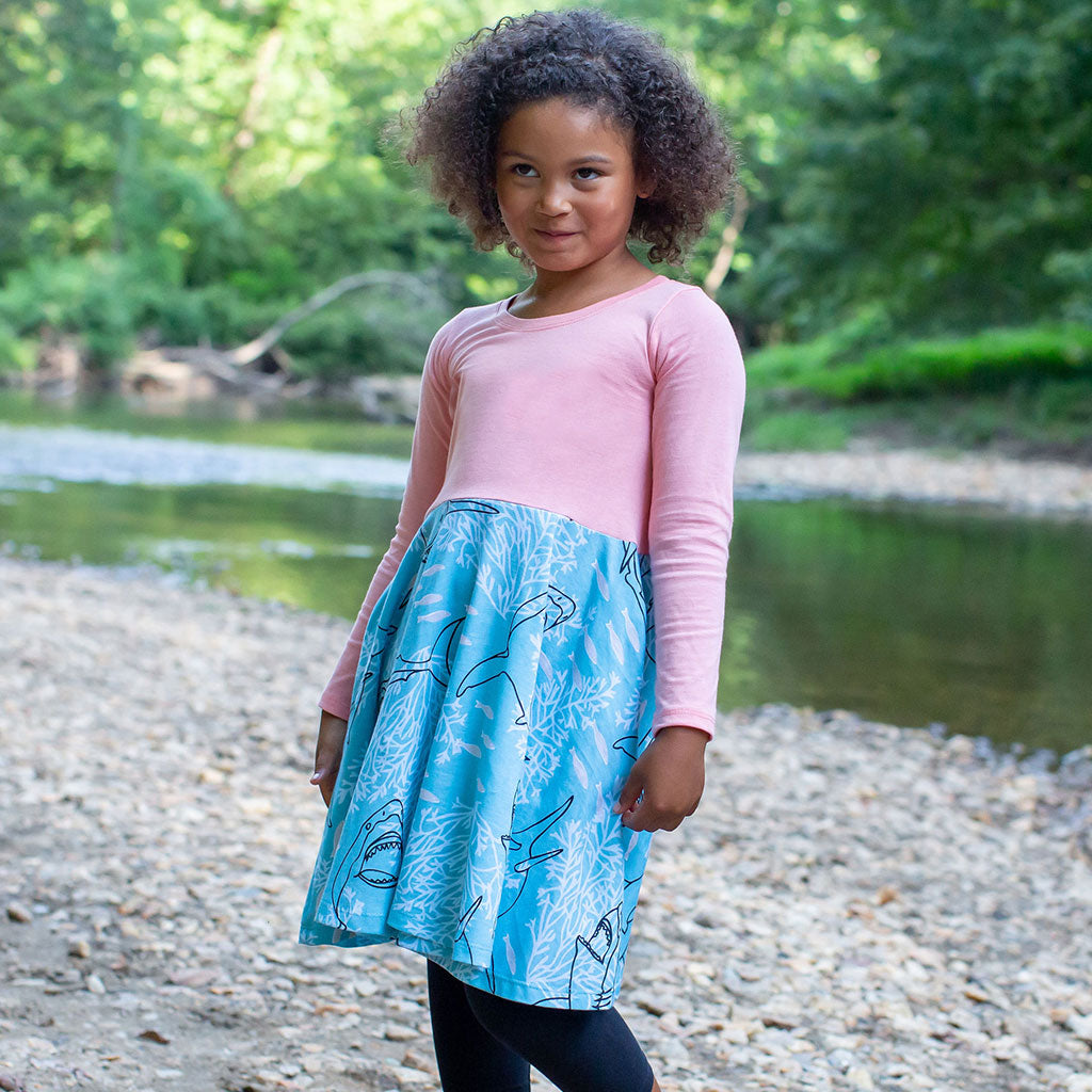 "Hello Chum" Sharks Twirly Play Dress with Pockets and Long Sleeves