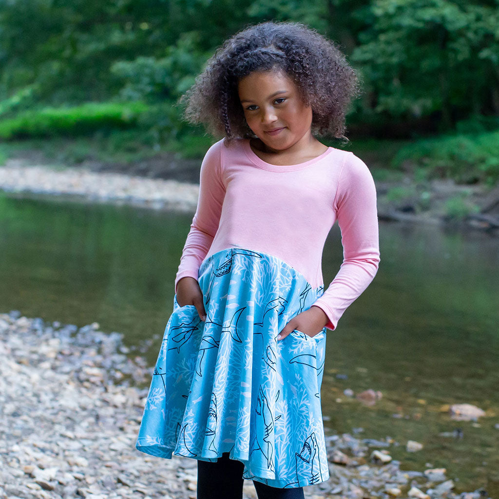 "Hello Chum" Sharks Twirly Play Dress with Pockets and Long Sleeves