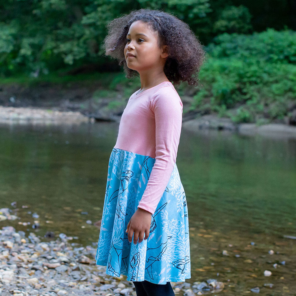 "Hello Chum" Sharks Twirly Play Dress with Pockets and Long Sleeves
