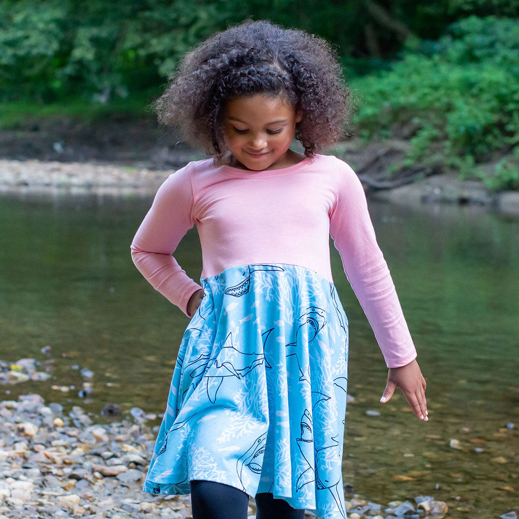 "Hello Chum" Sharks Twirly Play Dress with Pockets and Long Sleeves