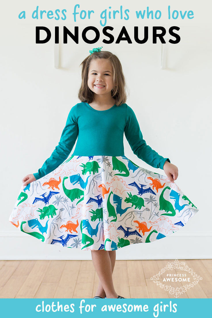 "Mesozoic Mischief" Dinosaurs Twirly Play Dress with Pockets and Long Sleeves