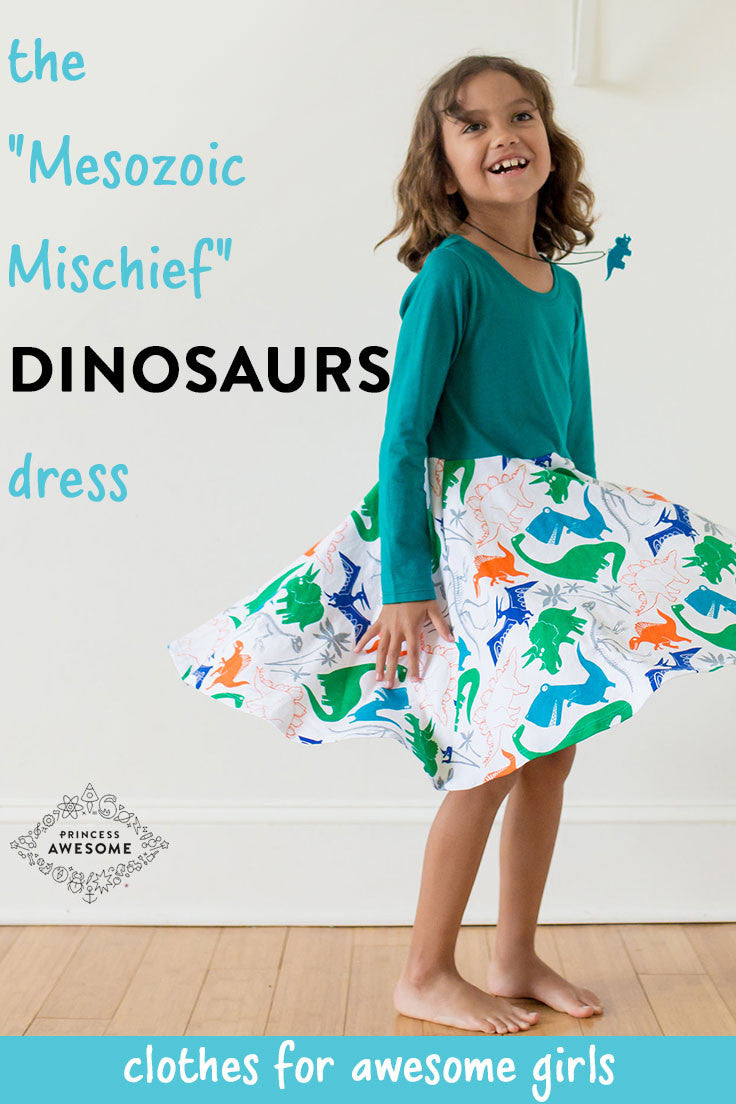 "Mesozoic Mischief" Dinosaurs Twirly Play Dress with Pockets and Long Sleeves