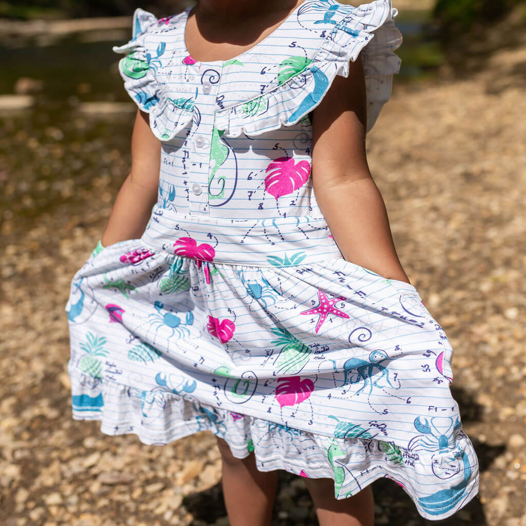 "Fibonacci Summer" Math in Nature Ruffle Sleeveless Dress with Patch Pockets