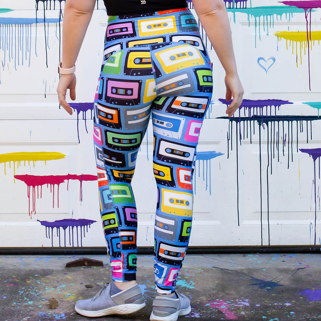 "Ready Cassette Go" Mix Tapes Leggings with Pockets - Adult