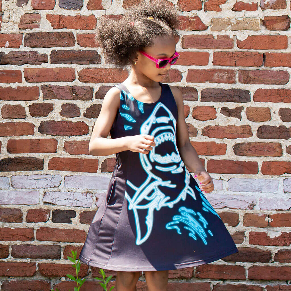Neon Shark Skater Dress with Pockets