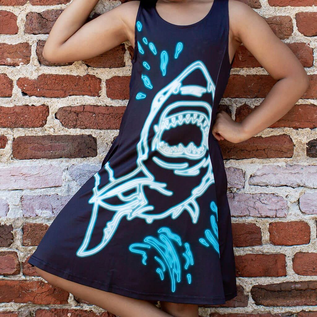 Neon Shark Skater Dress with Pockets