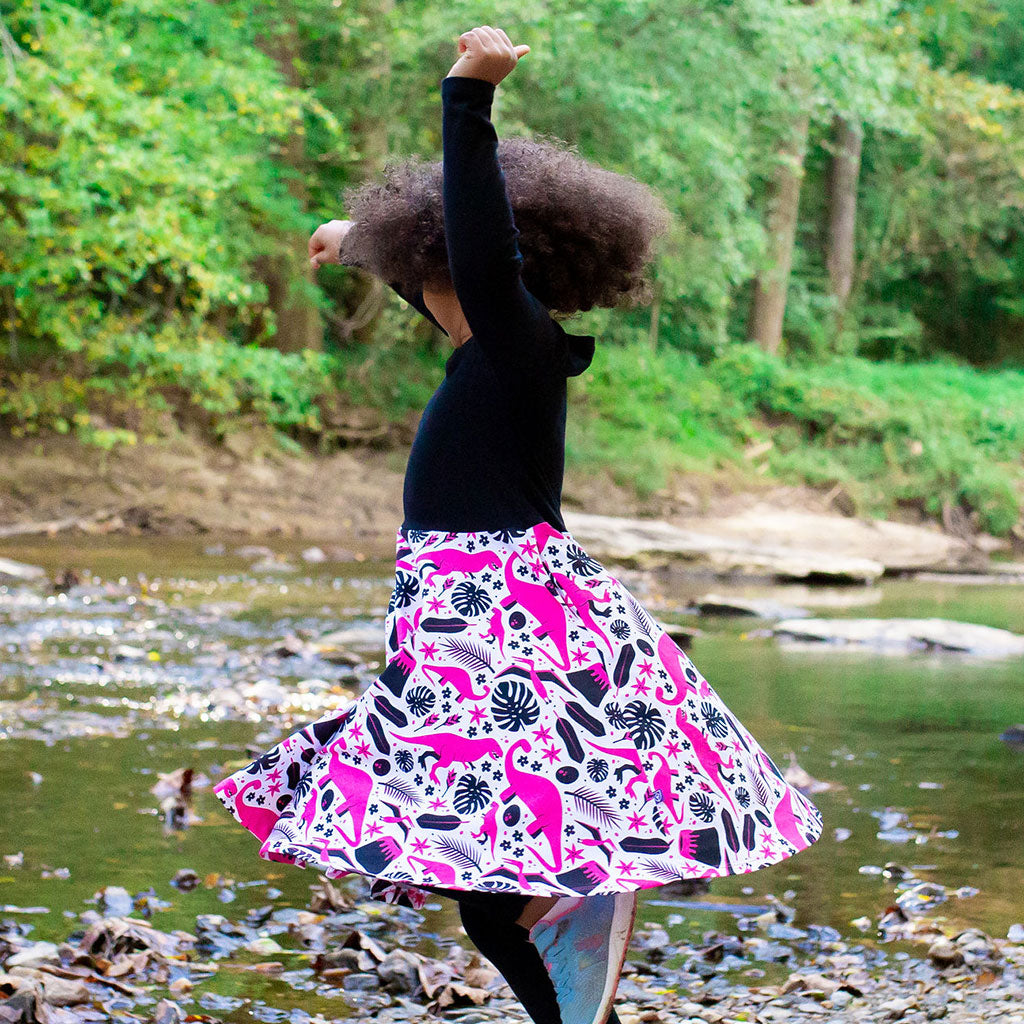"Jurassic Pink" Dinosaurs Twirly Play Dress with Long Sleeves