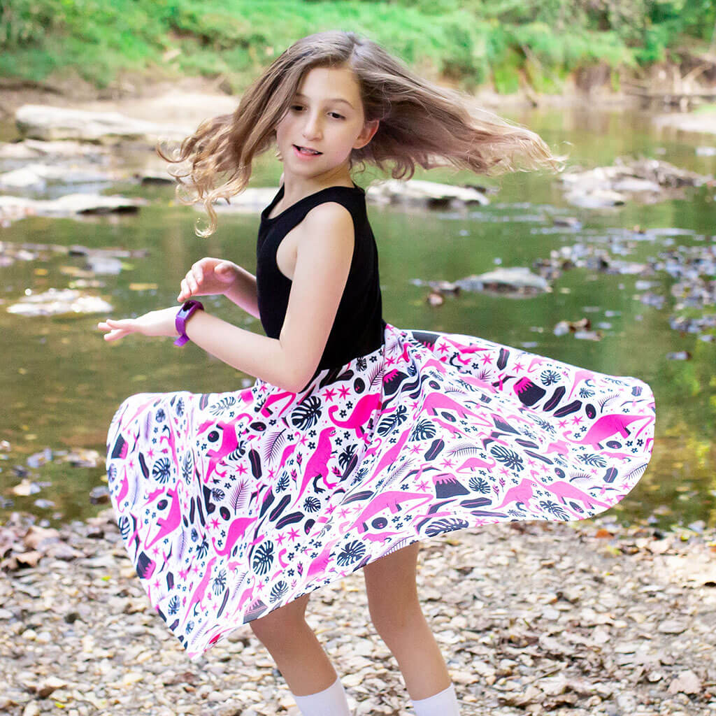 "Jurassic Pink" Dinosaurs Twirly Play Dress with Pockets