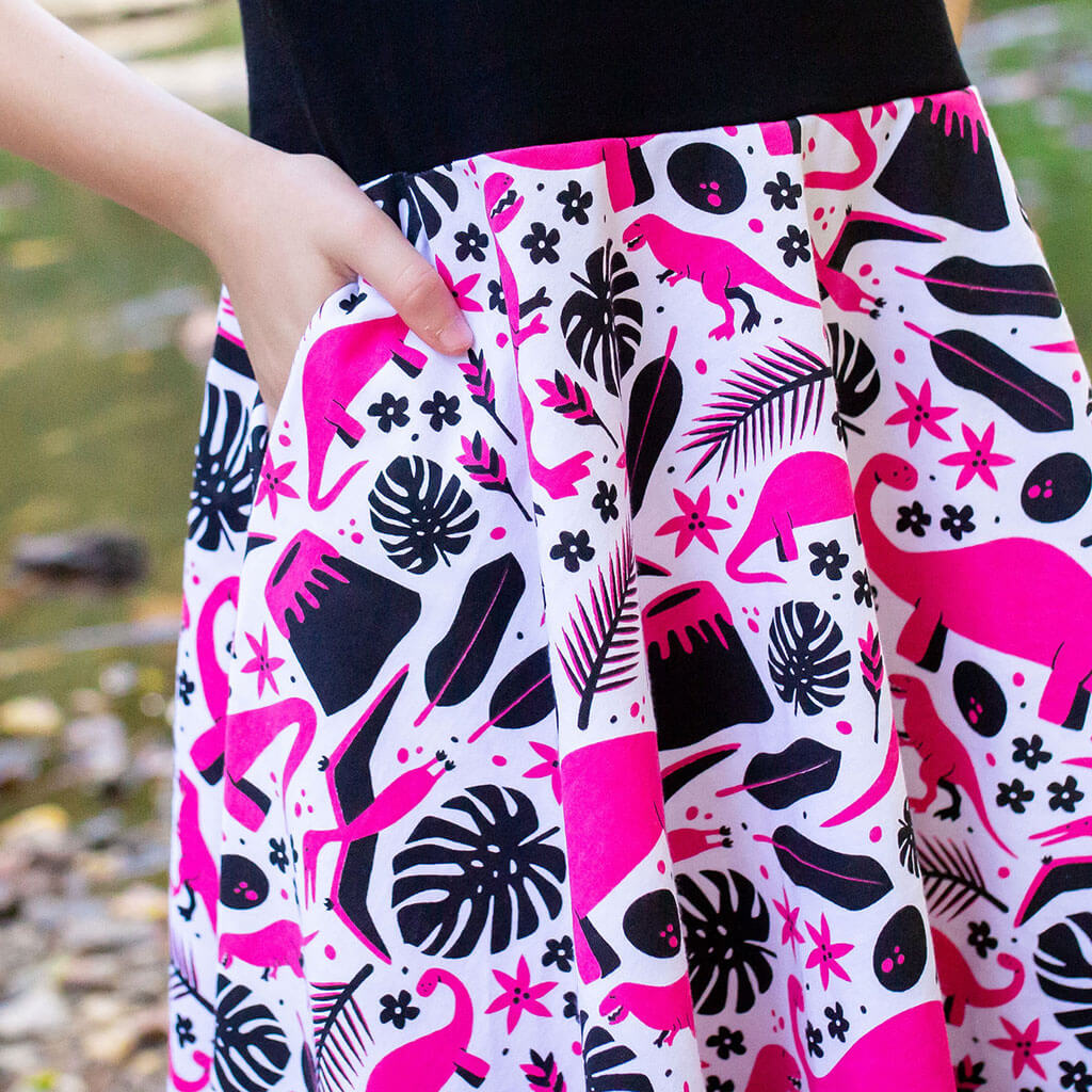 "Jurassic Pink" Dinosaurs Twirly Play Dress with Pockets