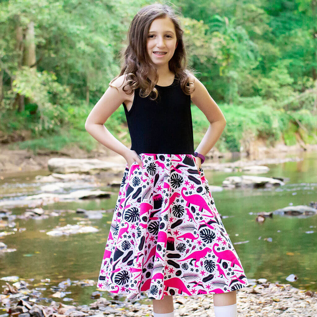"Jurassic Pink" Dinosaurs Twirly Play Dress with Pockets