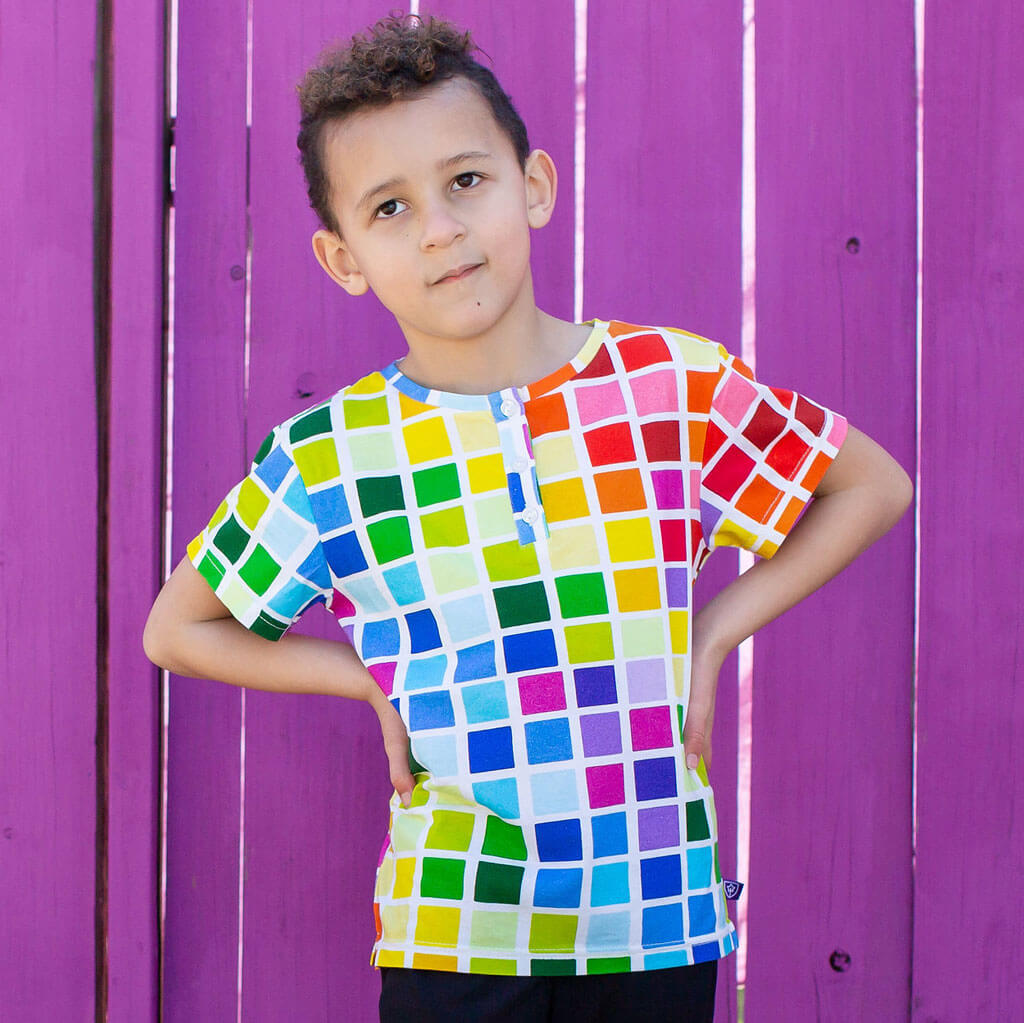 Rainbow Blocks Henley Short Sleeve Tee Shirt - Princess Awesome & Boy Wonder