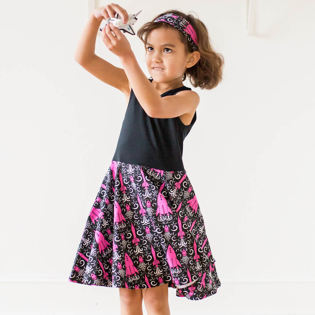 "Fleur-de-Liftoff" Rockets Twirly Play Dress with Pockets