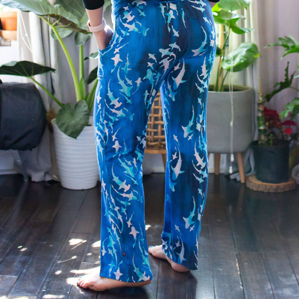 "Mako My Day" Adult Sharks Foldover Straight Leg Lounge Pants with Pockets