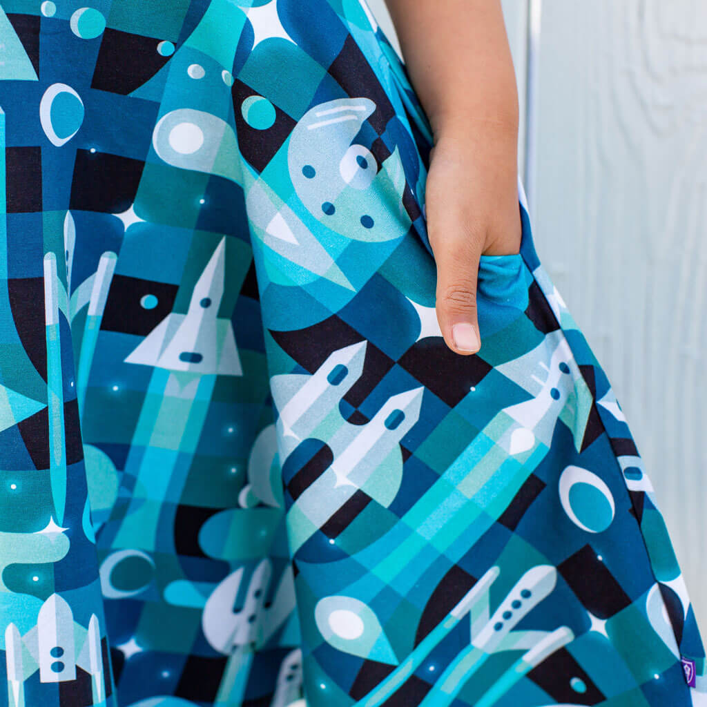 "Bound for Beyond" Spaceships Sleeveless Play Dress with Pockets