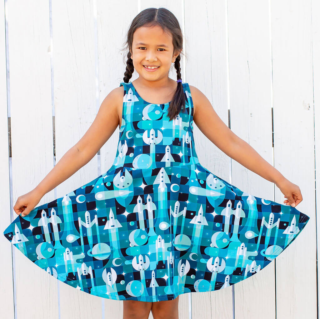 "Bound for Beyond" Spaceships Sleeveless Play Dress with Pockets