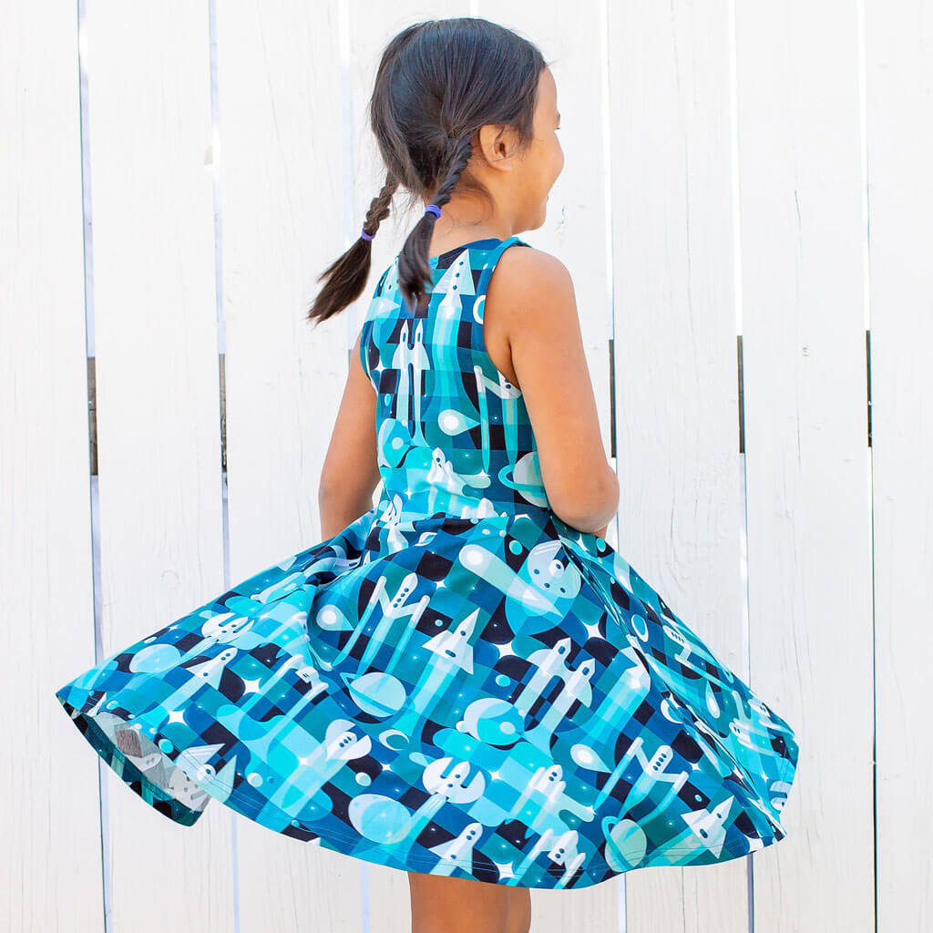 "Bound for Beyond" Spaceships Sleeveless Play Dress with Pockets