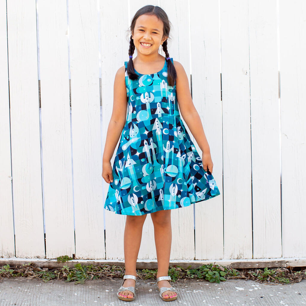 "Bound for Beyond" Spaceships Sleeveless Play Dress with Pockets