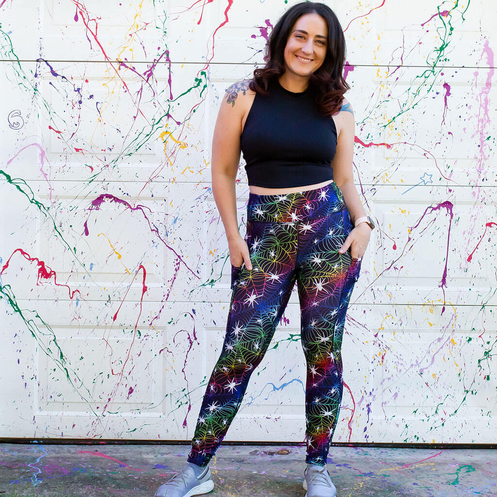 "Web Design" Rainbow Spider Leggings with Pockets - Adult