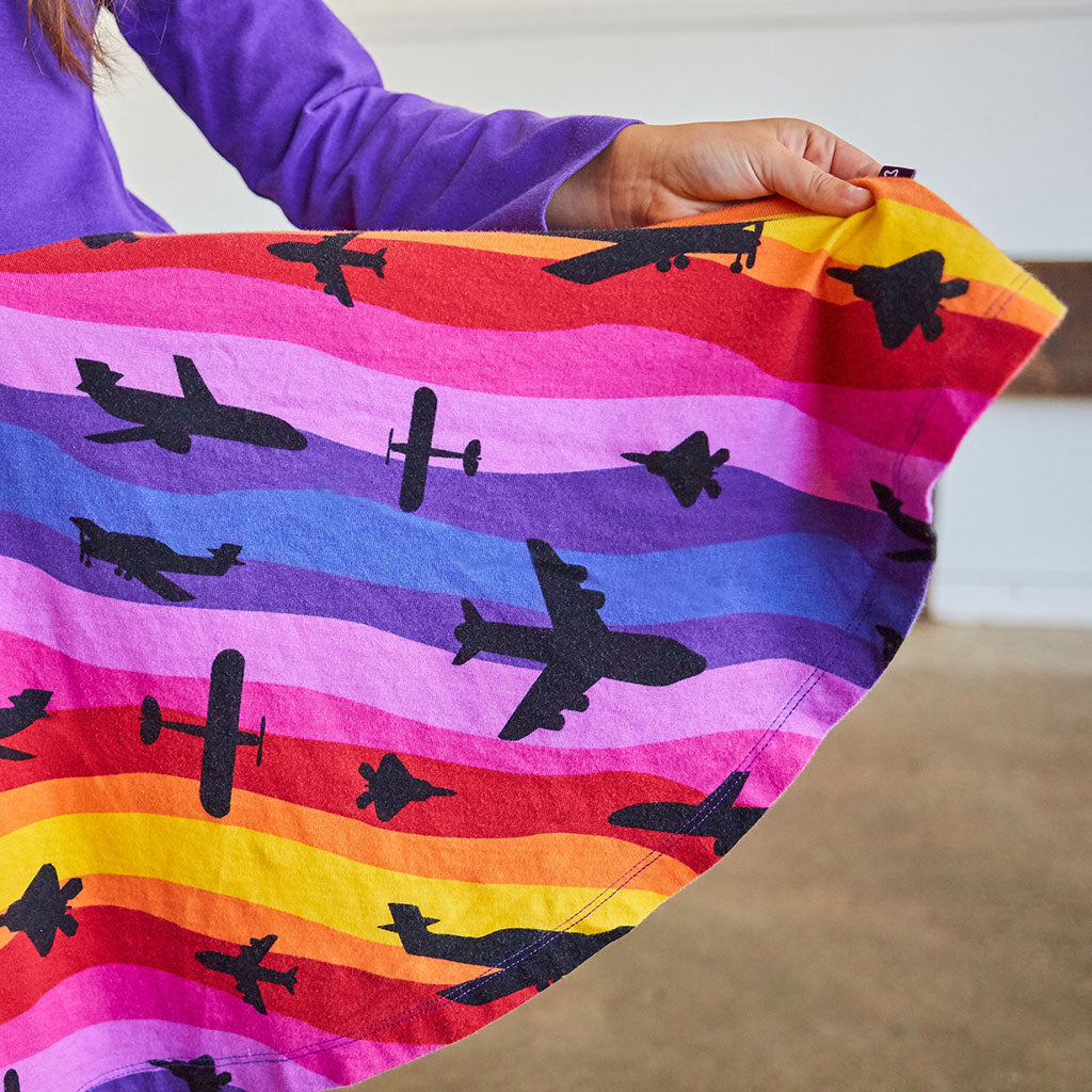 "Twilight Takeoff" Sunset Airplanes Long Sleeve Twirly Play Dress with Pockets