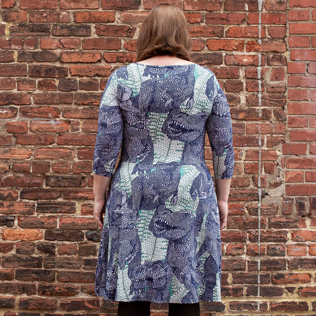 "Bringing Rexy Back" Adult Tyrannosaurs V-Neck A-Line Dress with Sleeves and with Pockets