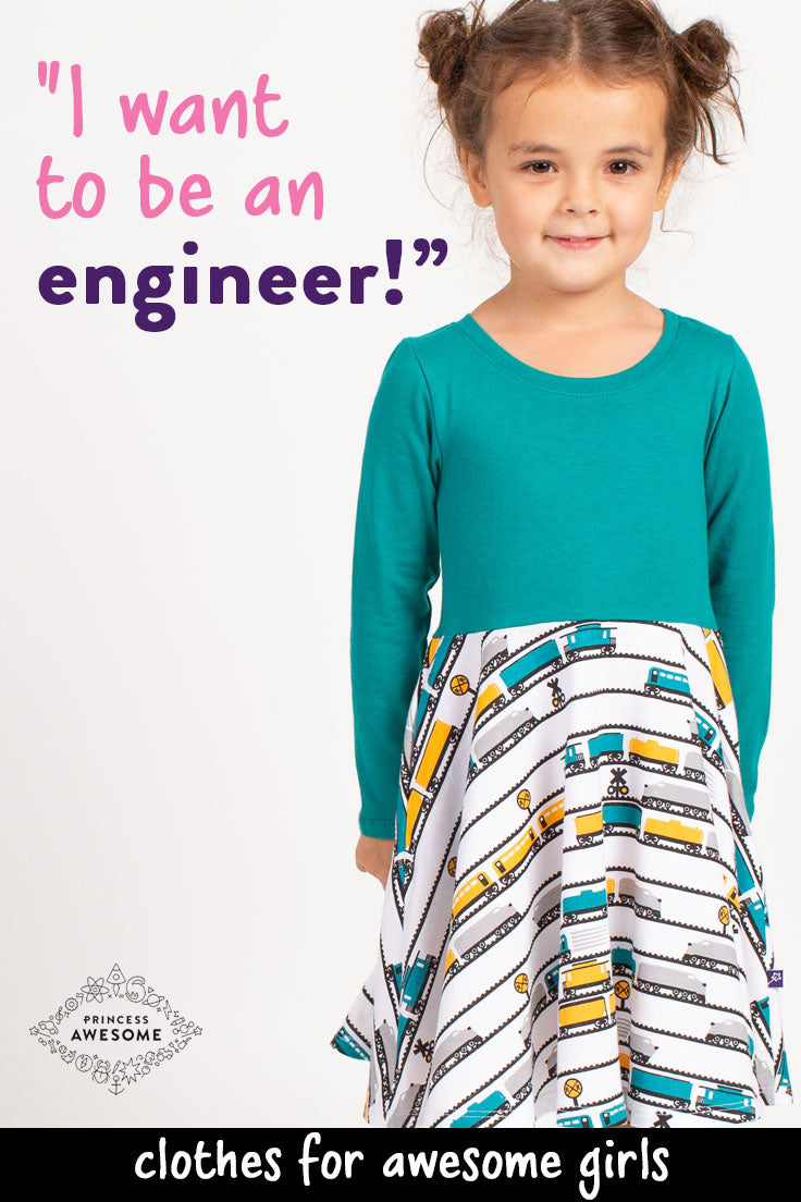 "ENGINEuity" Trains Twirly Play Dress with Pockets and Long Sleeves
