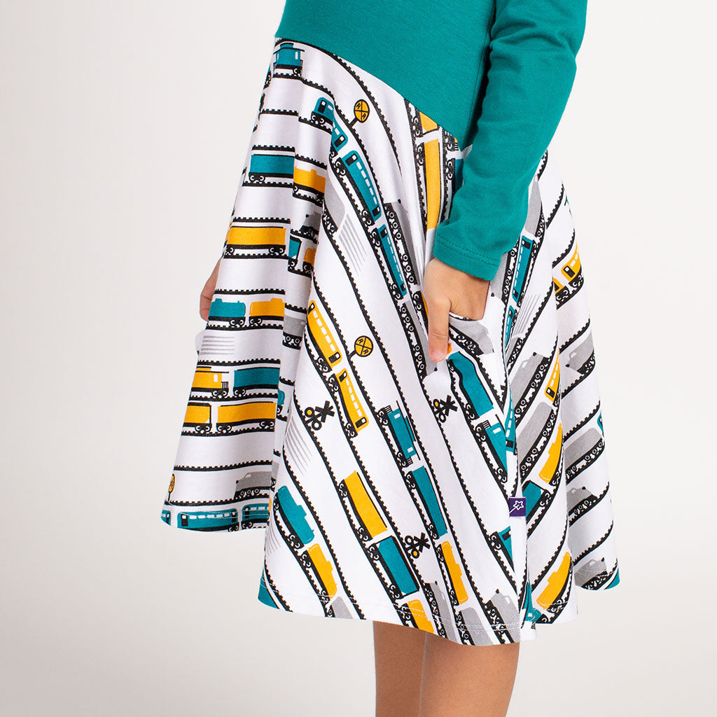 "ENGINEuity" Trains Twirly Play Dress with Pockets and Long Sleeves